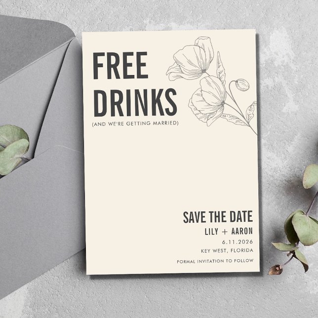 Funny Free Drinks Blumenzwiebeln Foto Hochzeit Save The Date (Funny Free Drinks Floral Photo Wedding Save The Date)