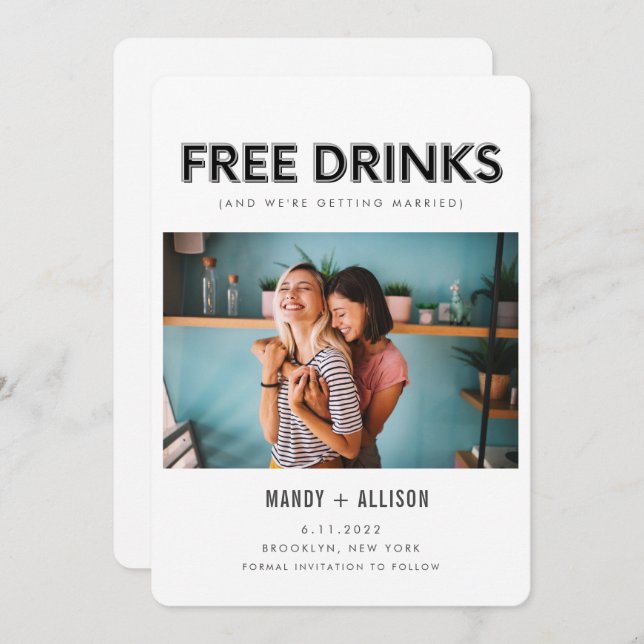 Funny Free Drinks Foto Lesbian Save the Date (Vorne/Hinten)