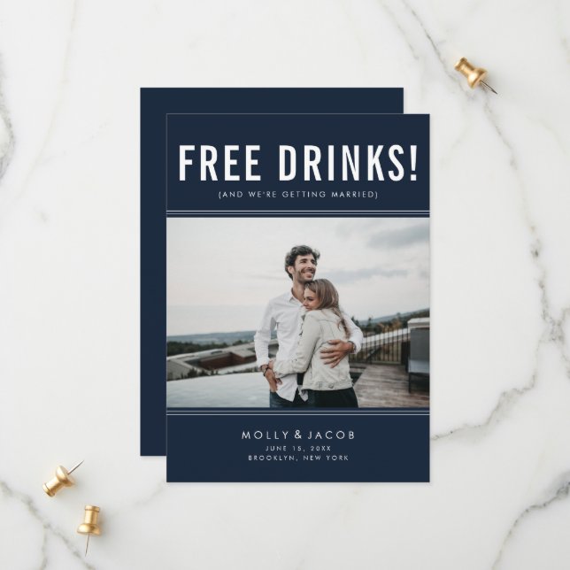 Funny Free Drinks Foto Navy Hochzeit retten das Da Save The Date (Vorderseite/Rückseite Beispiel)