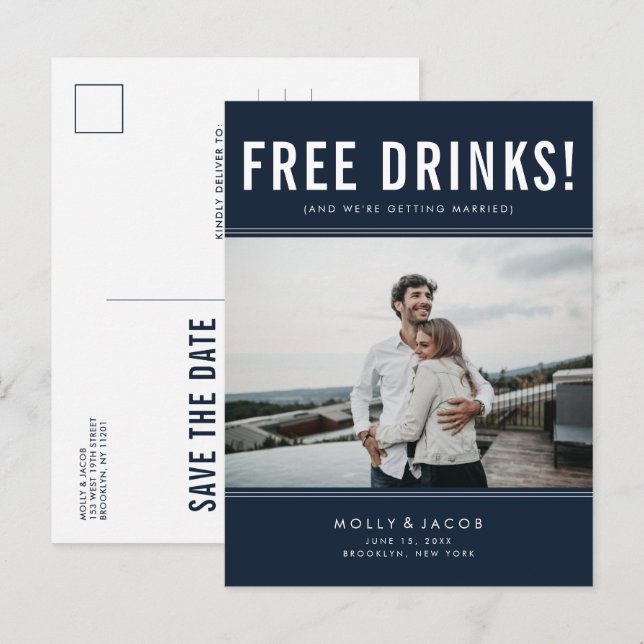 Funny Free Drinks Foto Navy Hochzeit retten Datum Ankündigungspostkarte (Vorne/Hinten)