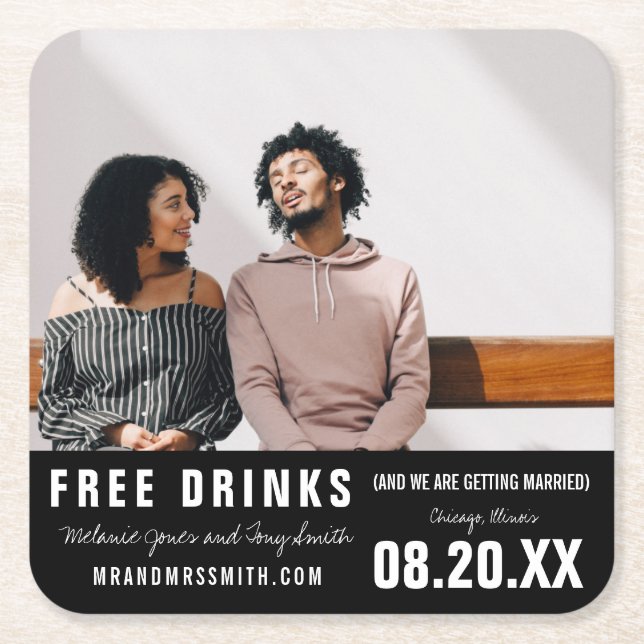 Funny Free Drinks Foto Save the Date Rechteckiger Pappuntersetzer (Vorderseite)