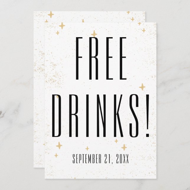 Funny Free Drinks Gold Sparkle Wedding Save The Date (Vorne/Hinten)