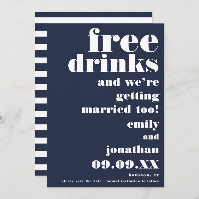Funny Free Drinks Lässig Navy Weiß Save the Date (Vorne/Hinten)