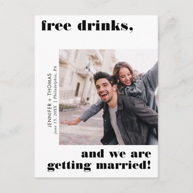 Funny Free Drinks Typografie Save the Date Black Postkarte (Vorderseite)