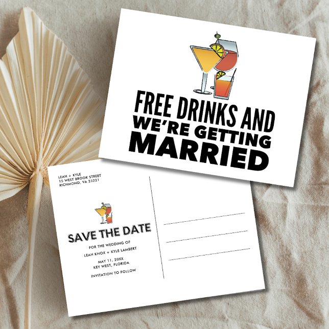 Funny Free Drinks Wedding retten das Datum Ankündigungspostkarte (Funny Free Drinks Wedding Save the Date Announcement Postcard)