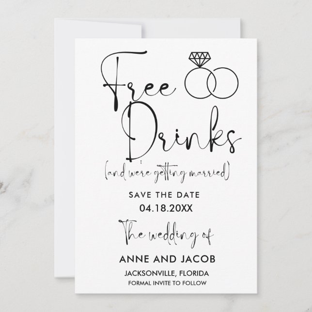 Funny Free Drinks Wedding retten das Datum Save The Date (Vorderseite)