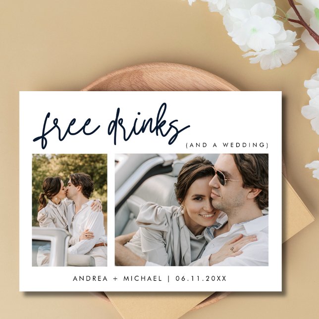 Funny Free Drinks Zwei Foto Hochzeit retten das Da Ankündigungspostkarte (Funny Free Drinks Two Photo Wedding Save the Date Postcard)