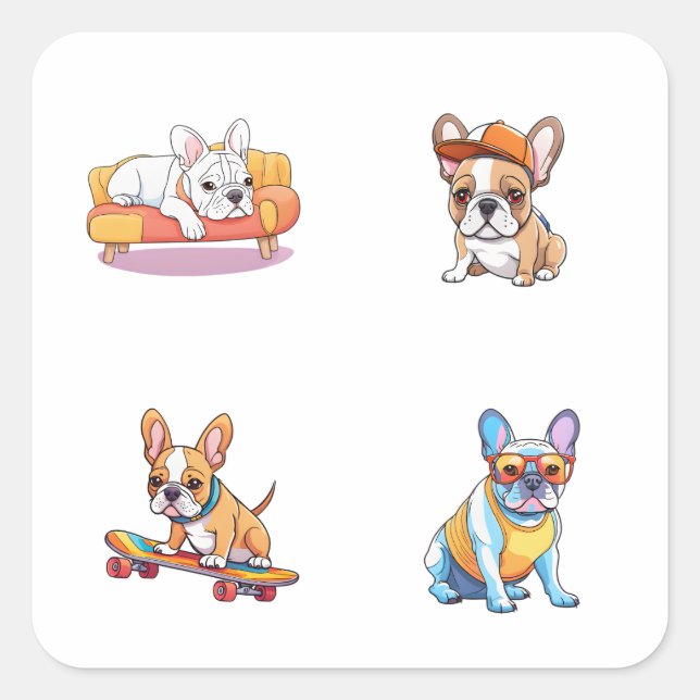 Funny French Bulldog 4 Pack Stickers (Vorderseite)
