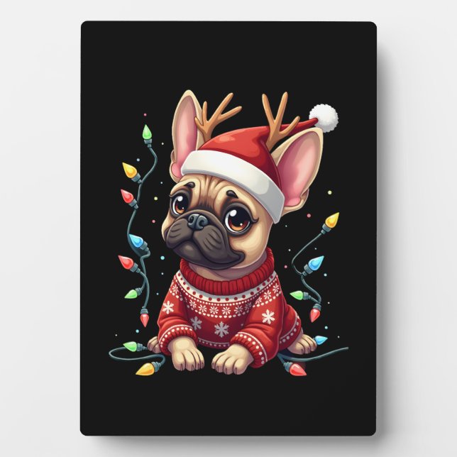 Funny French Bulldog Christmas Light Santa Hat Rei Fotoplatte (Vorderseite)