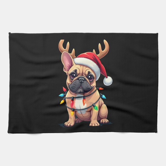 Funny French Bulldog Christmas Light Santa Hat Rei Geschirrtuch (Horizontal)