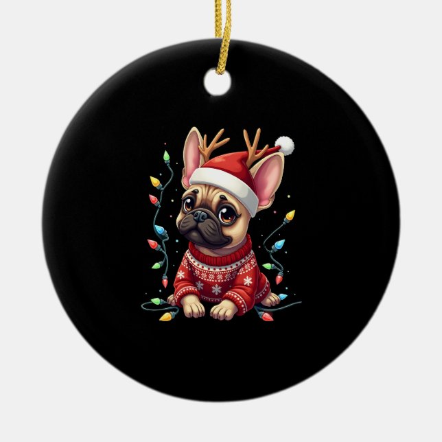 Funny French Bulldog Christmas Light Santa Hat Rei Keramik Ornament (Vorne)