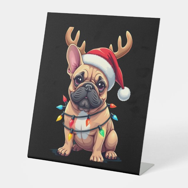 Funny French Bulldog Christmas Light Santa Hat Rei Sockelschild (Vorderseite)