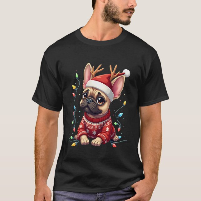 Funny French Bulldog Christmas Light Santa Hat Rei T-Shirt (Vorderseite)