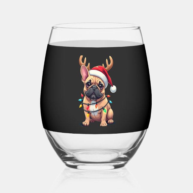 Funny French Bulldog Christmas Light Santa Hat Rei Weinglas Ohne Stiel (Vorderseite)