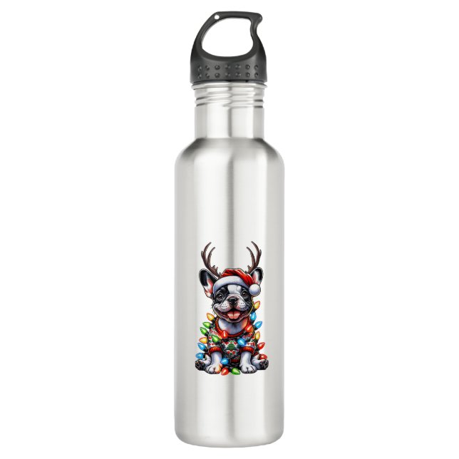 Funny French Bulldog Christmas Light Weihnachtsman Edelstahlflasche (Vorderseite)