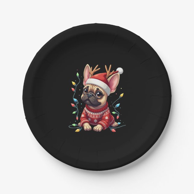 Funny French Bulldog Christmas Light Weihnachtsman Pappteller (Vorderseite)