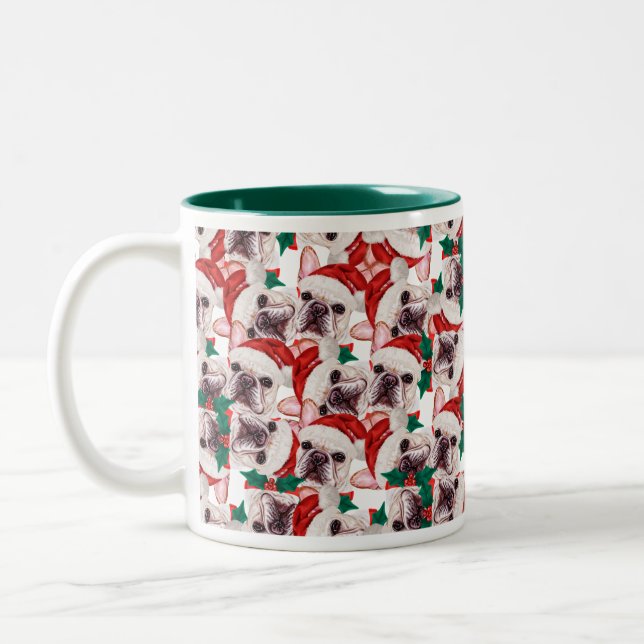 Funny French Bulldog Christmas Pattern Zweifarbige Tasse (Links)