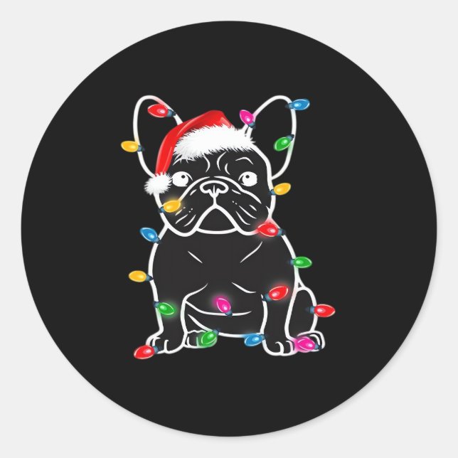 Funny French Bulldog Dog Tree Christmas Lights Xma Runder Aufkleber (Vorderseite)