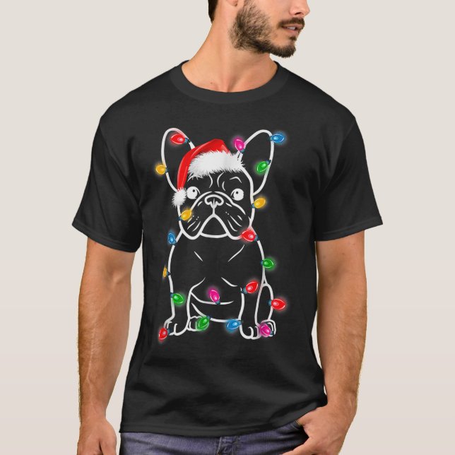 Funny French Bulldog Dog Tree Christmas Lights Xma T-Shirt (Vorderseite)