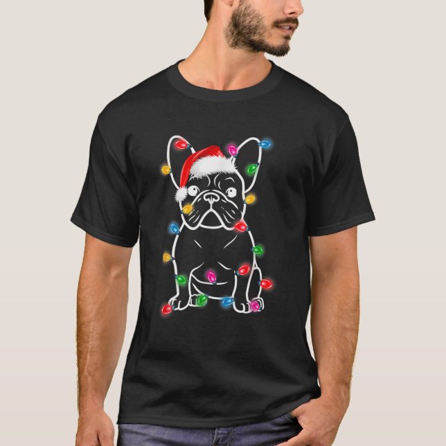 Funny French Bulldog Dog Tree Christmas Lights Xma T-Shirt (Vorderseite)