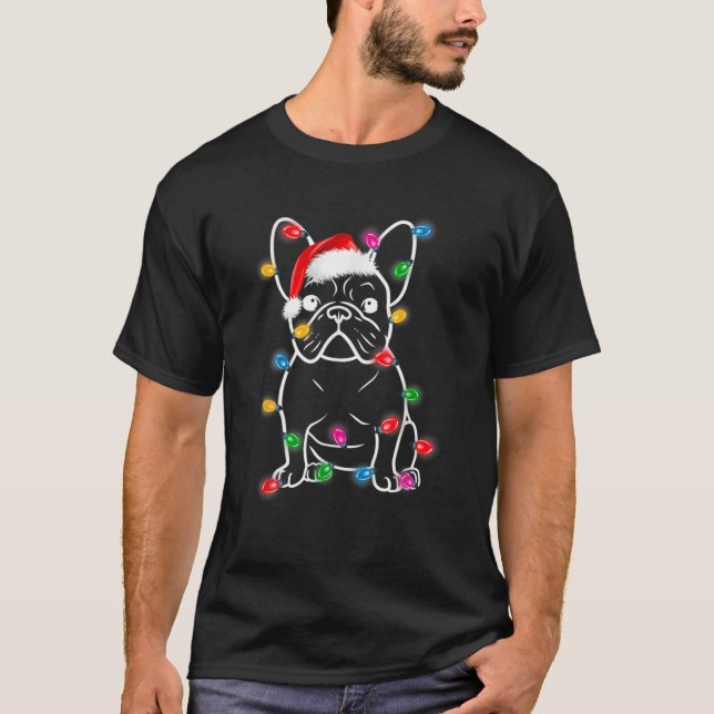 Funny French Bulldog Dog Tree Christmas Lights Xma T-Shirt (Vorderseite)