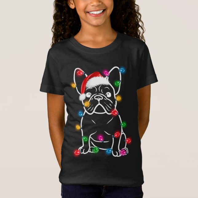 Funny French Bulldog Dog Tree Christmas Lights Xma T-Shirt (Vorderseite)