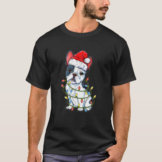 Funny French Bulldog Dog Tree Christmas Lights Xma T-Shirt (Vorderseite)