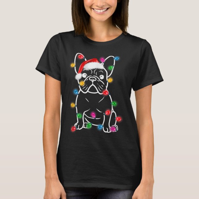 Funny French Bulldog Dog Tree Weihnachtsbeleuchtun T-Shirt (Vorderseite)