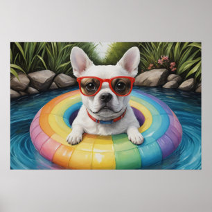 Funny French Bulldog Floating in einem Teich Poster