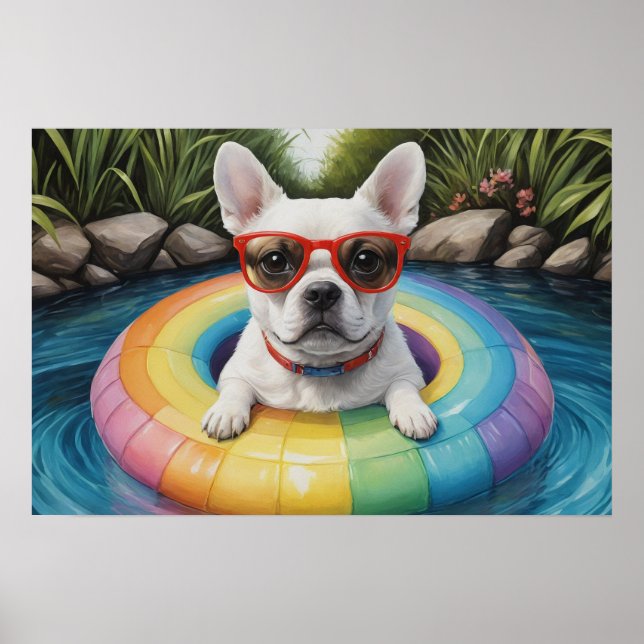 Funny French Bulldog Floating in einem Teich Poster (Vorne)
