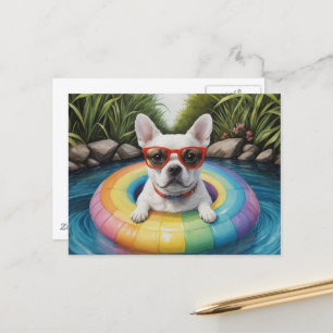 Funny French Bulldog Floating in einem Teich Postkarte