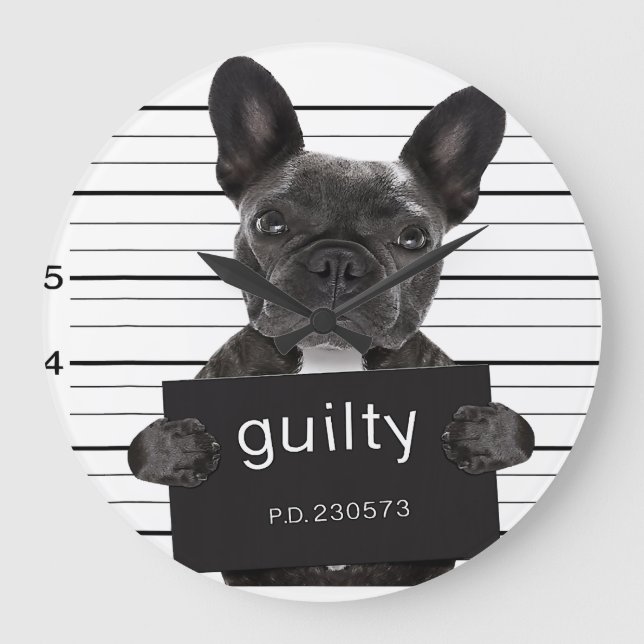 Funny French Bulldog Jail Mugshot Bad Dog Kriminel Große Wanduhr (Vorderseite)