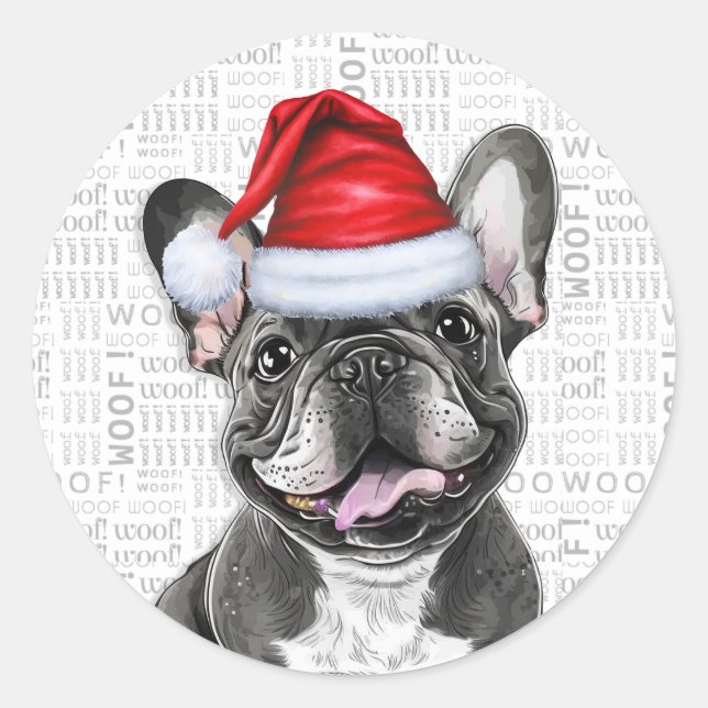 Funny French Bulldog mit Woof Art Christmas Runder Aufkleber (Vorderseite)