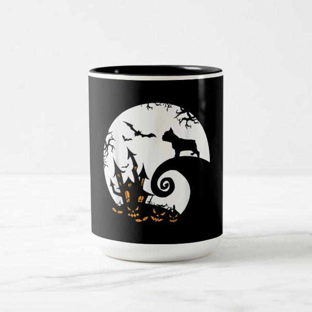 Funny French Bulldog und Moon Halloween Kostüm Zweifarbige Tasse (Mittel)