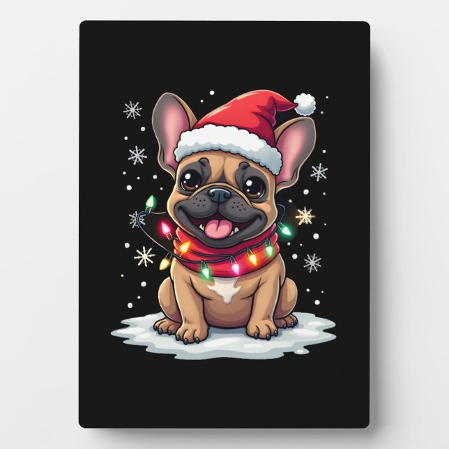 Funny French Bulldogs Christmas Santa Hat Lights S Fotoplatte (Vorderseite)