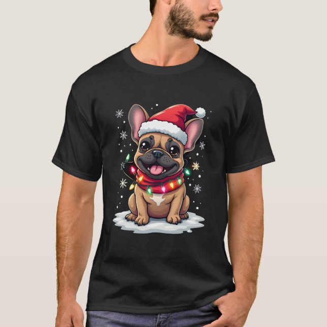 Funny French Bulldogs Christmas Santa Hat Lights S T-Shirt (Vorderseite)
