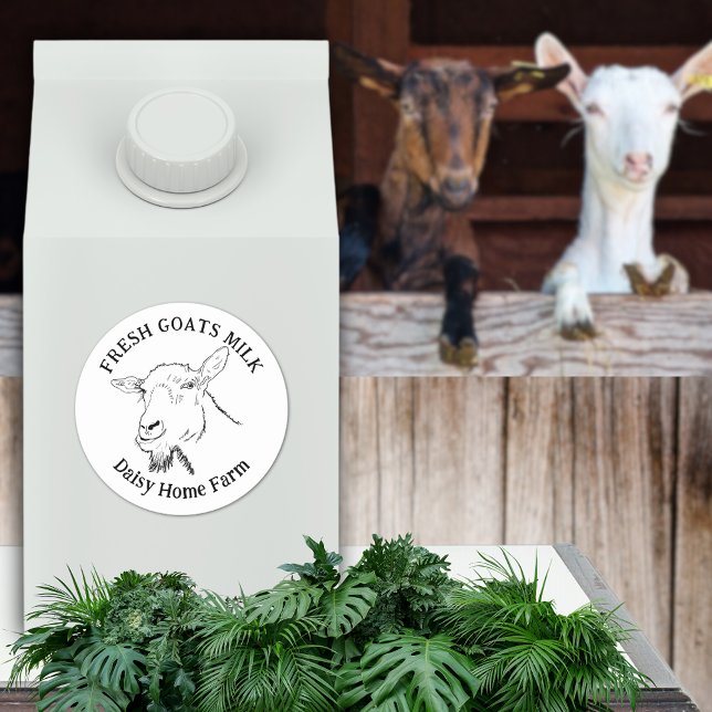 Funny Fresh Goats Milch Firmenname Runder Aufkleber (Fresh goats milk custom business produce label, Simple black and white goat drawing  business name)