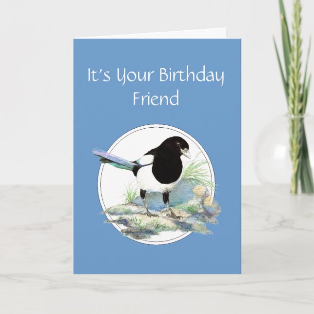 Funny, Friend Birthday, Magpie Watercolor Bird Karte (Vorderseite)