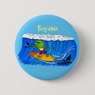Funny frilled Halslizard Surfing Cartoon Button