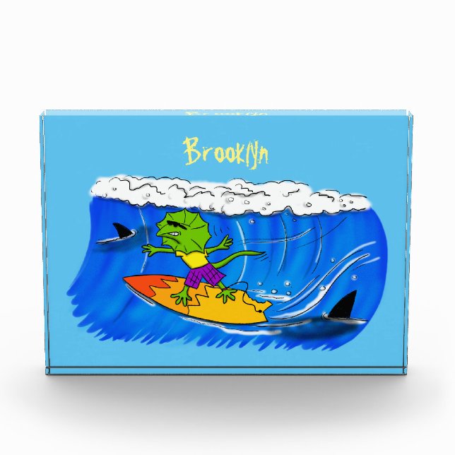 Funny frilled Halslizard Surfing Cartoon Fotoblock (Vorderseite)