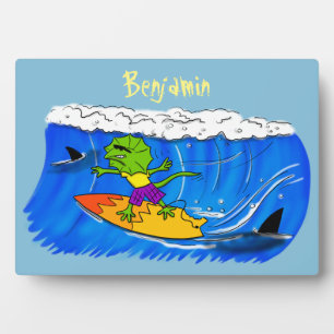 Funny frilled Halslizard Surfing Cartoon Fotoplatte