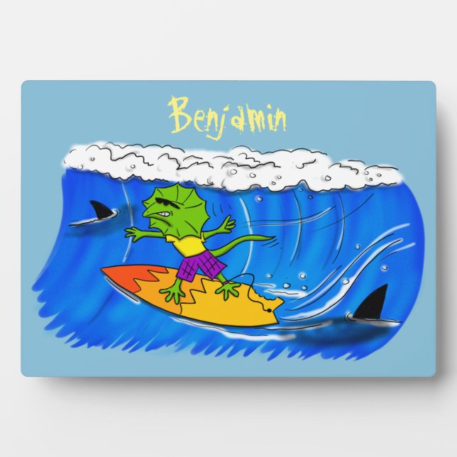 Funny frilled Halslizard Surfing Cartoon Fotoplatte (Vorderseite)