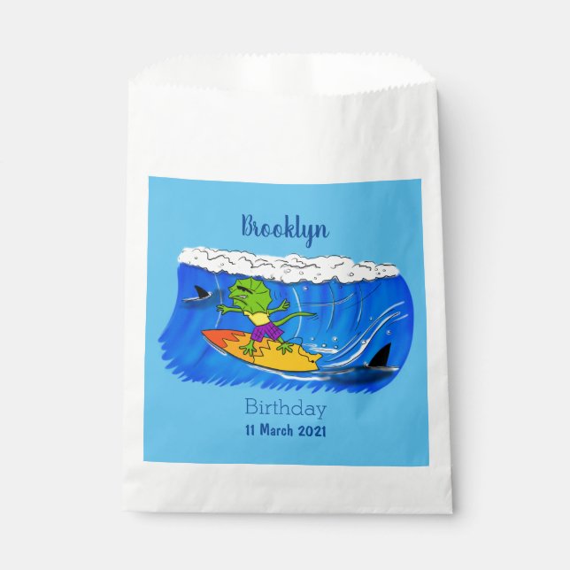 Funny frilled Halslizard Surfing Cartoon Geschenktütchen (Vorderseite)
