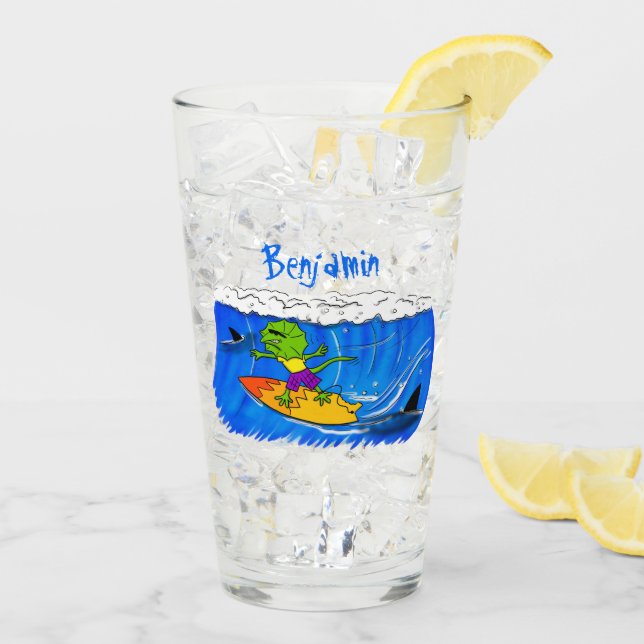 Funny frilled Halslizard Surfing Cartoon Glas (Rückseite Ice)