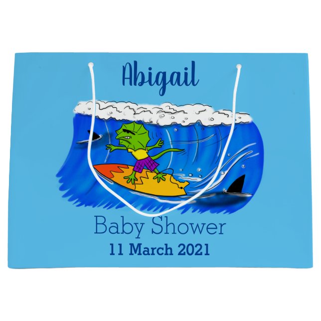 Funny frilled Halslizard Surfing Cartoon Große Geschenktüte (Vorderseite)