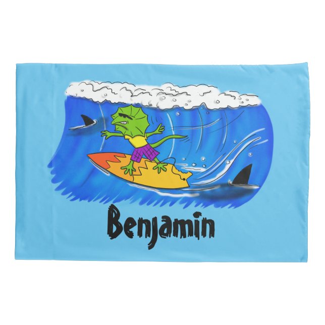 Funny frilled Halslizard Surfing Cartoon Kissenbezug (Rückseite)