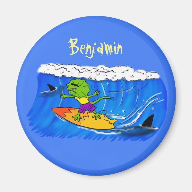 Funny frilled Halslizard Surfing Cartoon Magnet (Vorne)