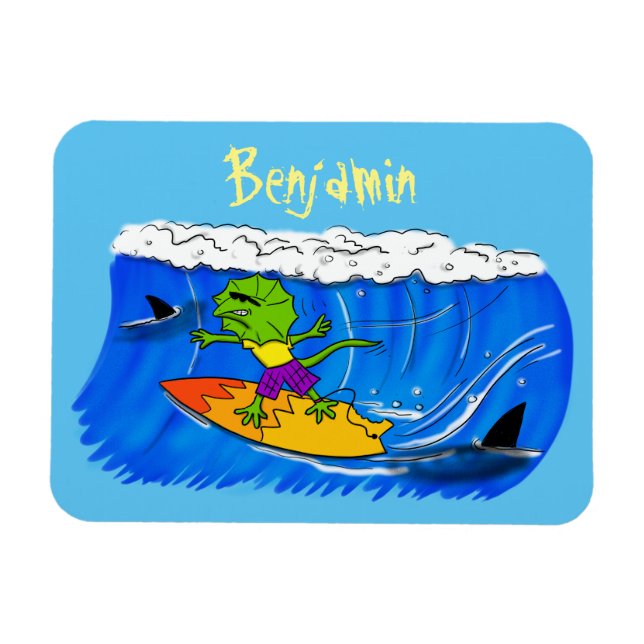 Funny frilled Halslizard Surfing Cartoon Magnet (Horizontal)