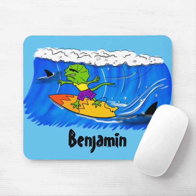 Funny frilled Halslizard Surfing Cartoon Mousepad (Mit Mouse)