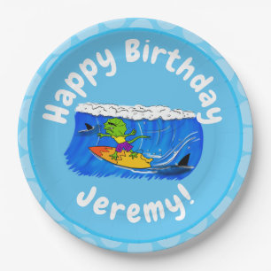 Funny frilled Halslizard Surfing Cartoon Pappteller